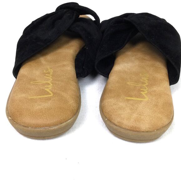 Lulus Faux Suede Twist Open Toe Cushioned Comfort Flat Black Slide Sandal 7.5 - Picture 4 of 9
